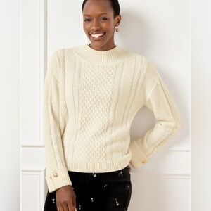 Talbots Cable Knit Button Cuff Ivory Sweater Size Small